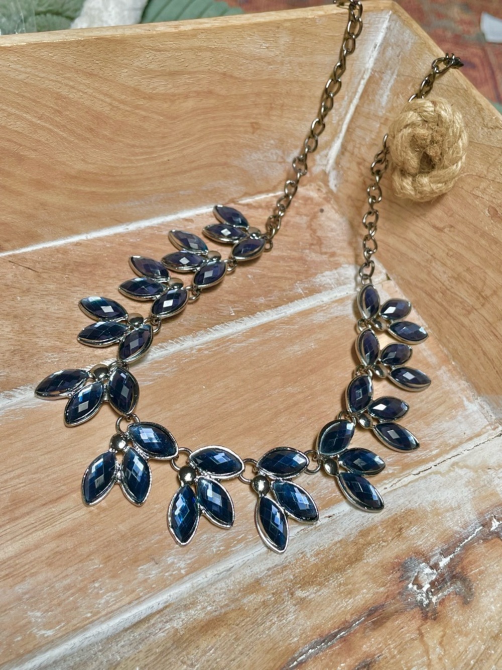 Lovely Navy Gemstone Leaf Bib Statement Necklace on Gold-Tone Chain